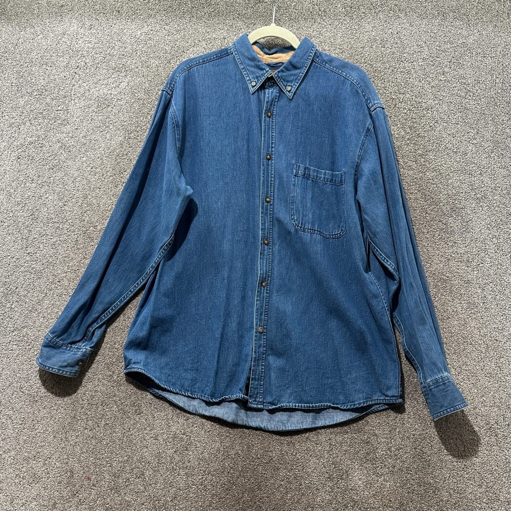 Faded Glory Blue Denim Long Sleeve Button Up Shirt Men Large Western Workwear